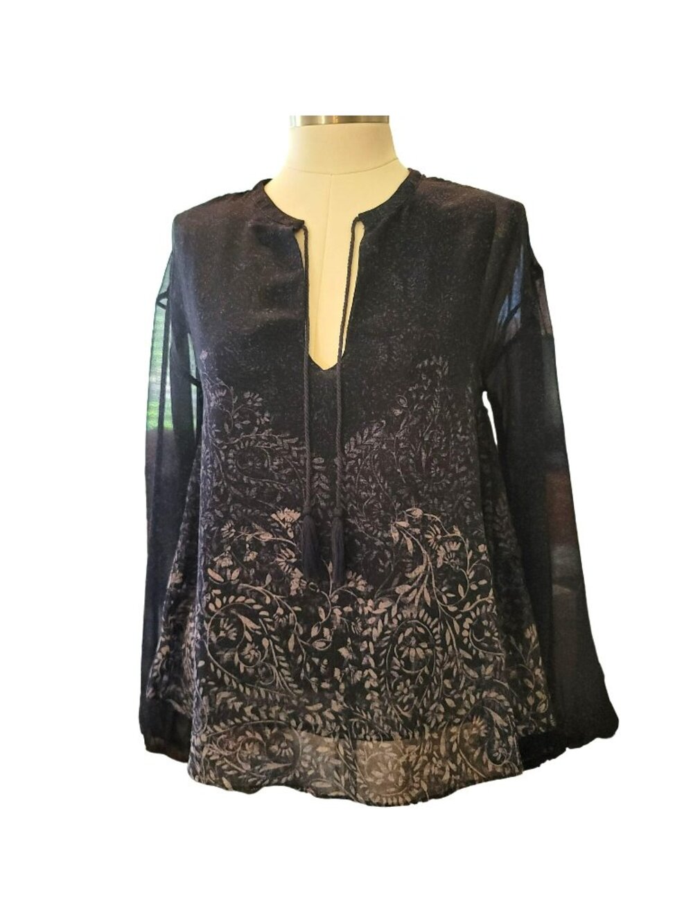 Womens Boho Tunic Blouse Blue Tan Sheer Floral Print Long Sleeve Size M jj3586